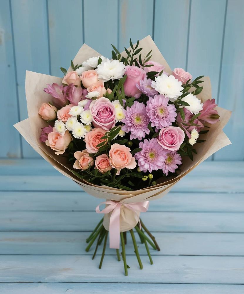 Букет цветов из: Хризантемы, Розы и Альстромерии в Серышево